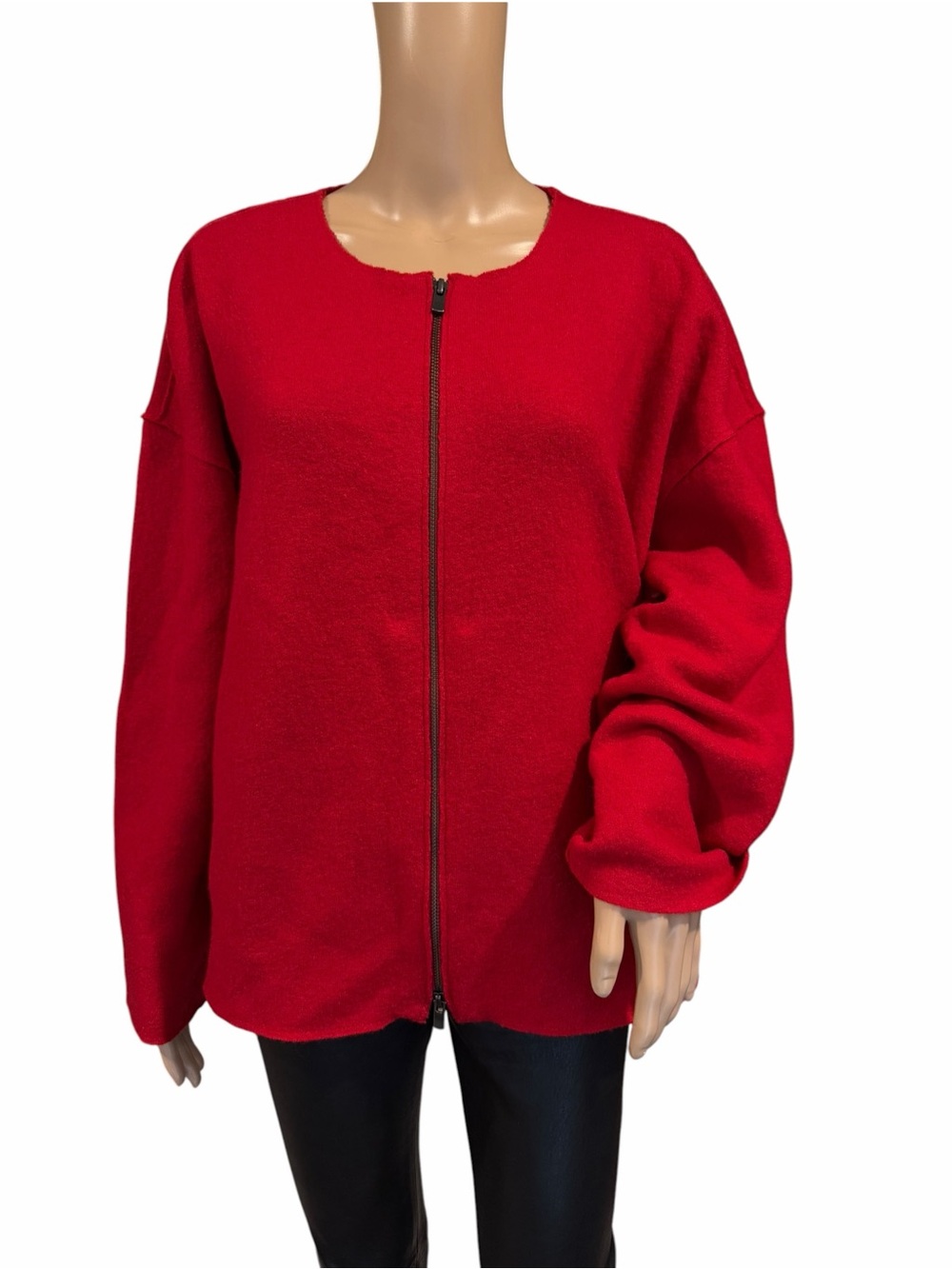 Eileen Fisher womens sweater 100% Boiled Wool Jacket Red Full Zip Classic size L